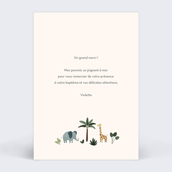 Carte remerciement baptême Petite Jungle Verso