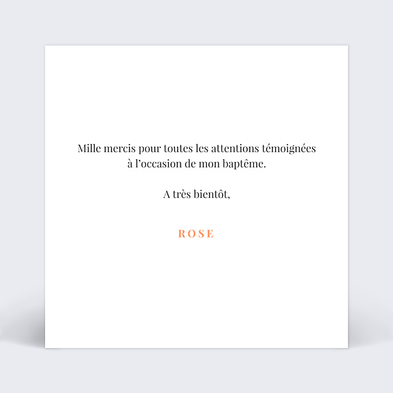 Carte remerciement baptême Simplicité Verso