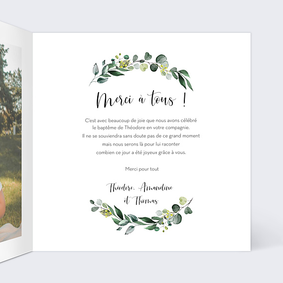 Carte remerciement baptême Remerciements Nature Intérieur Droit
