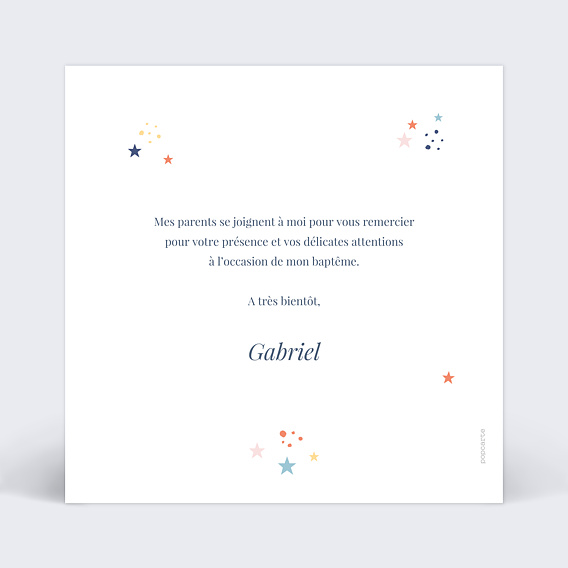 Carte remerciement baptême Petites étoiles Verso
