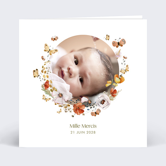 Carte remerciement baptême Fleurs colorées Recto