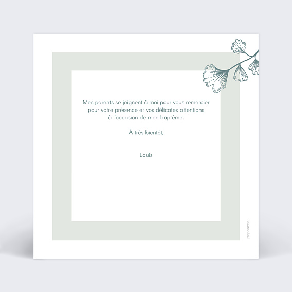Carte remerciement baptême Botanique simple Verso