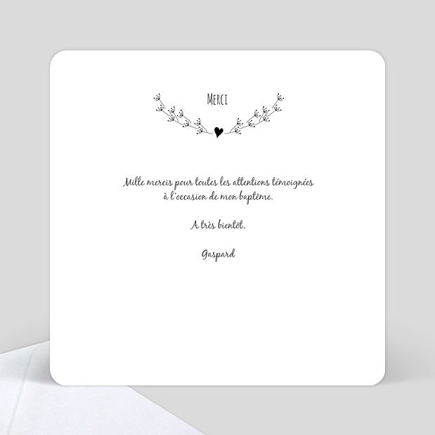 Carte de remerciement baptême Coeur bucolique simple Verso