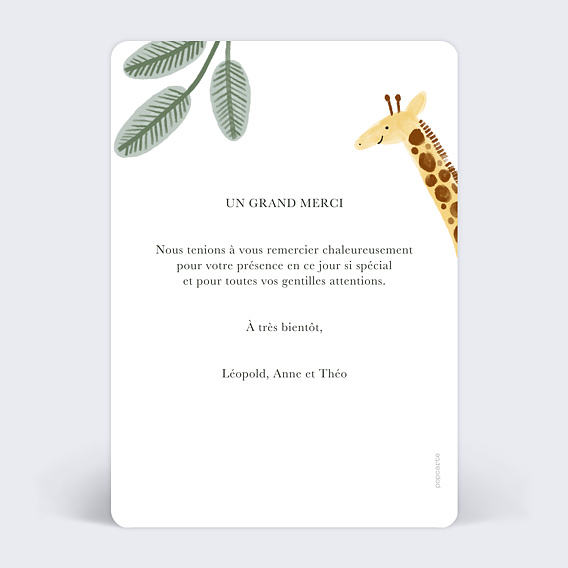 Carte remerciement baptême Animaux Safari Verso