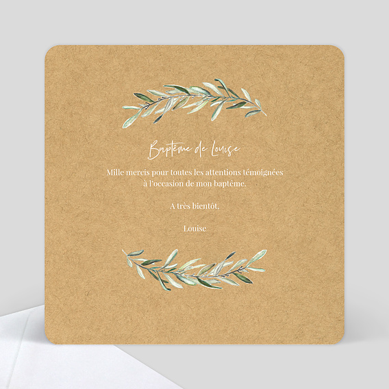 Carte remerciement baptême Lauriers simple Verso