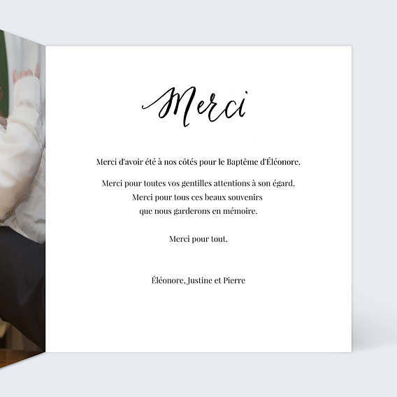 Carte remerciement baptême Calligraphie Intérieur Droit