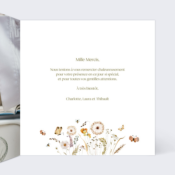 Carte remerciement baptême Fleurs colorées Intérieur Droit