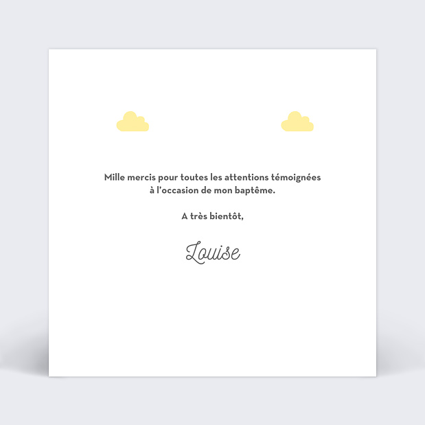 Carte de remerciement baptême Nuages doux Verso