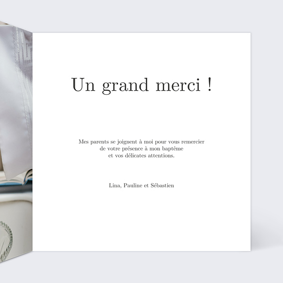 Carte remerciement baptême Merci blanc Intérieur Droit