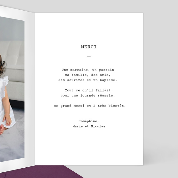 Carte remerciement baptême Polaroïd Simple III Intérieur Droit