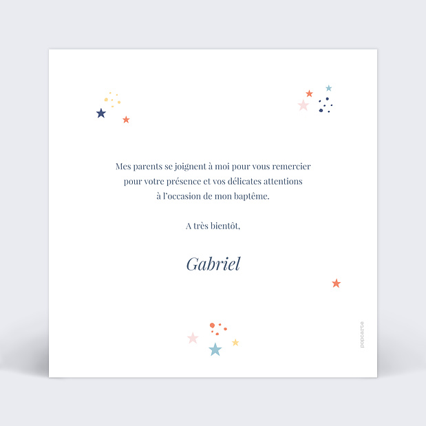 Carte de remerciement baptême Petites étoiles Verso