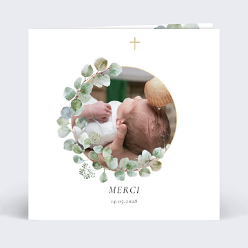 Carte remerciement baptme Couronne Ocre Eucalyptus