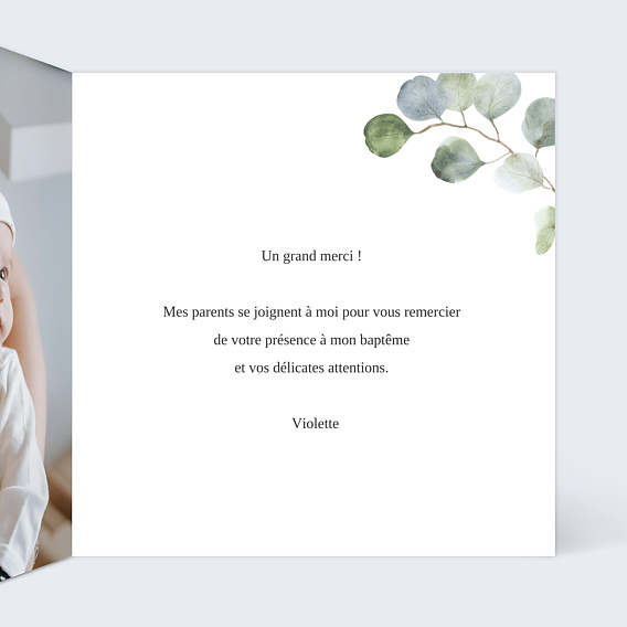 Carte remerciement baptême Couronne Ocre Eucalyptus Intérieur Droit