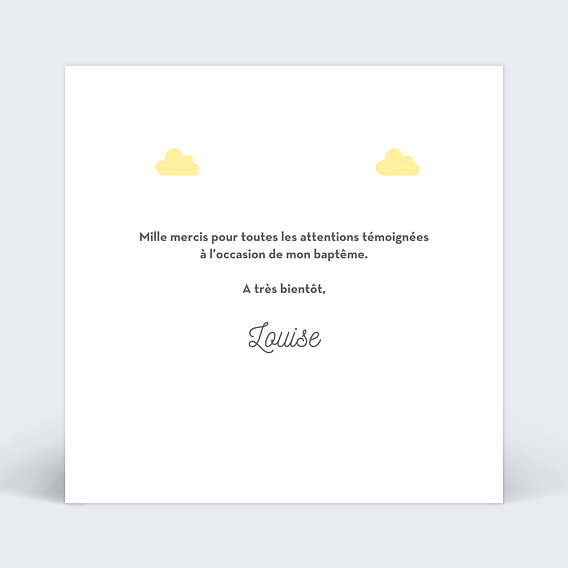 Carte remerciement baptême Nuages doux Verso