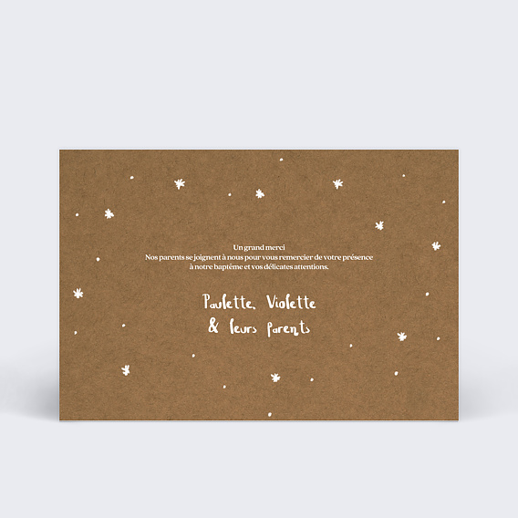 Carte remerciement baptême Jumeaux Colombe Verso