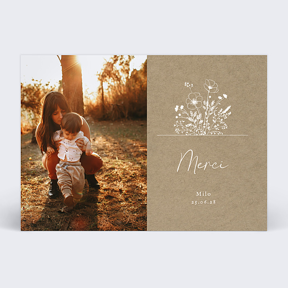 Carte remerciement baptême Bouquet Champêtre