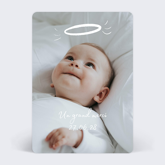 Carte remerciement baptême Ange Couronne Recto