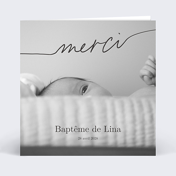 Carte remerciement baptême Merci Noir