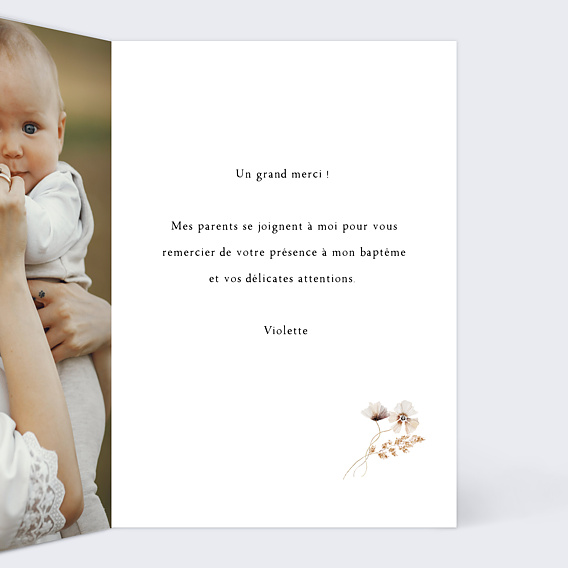 Carte remerciement baptême Couronne de Fleurs Sauvages Intérieur Droit