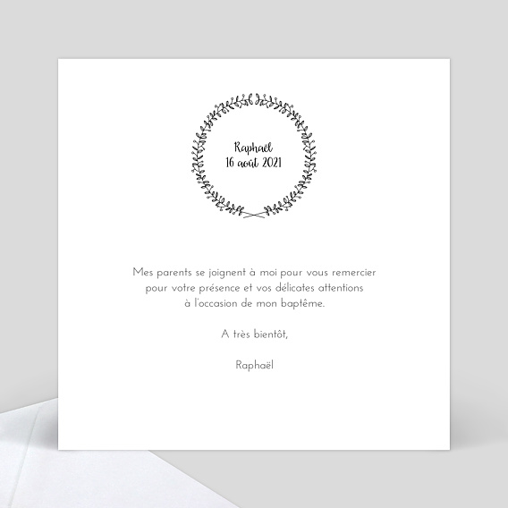 Carte remerciement baptême Couronne fleurie Verso