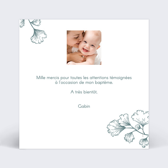 Carte remerciement baptême Botanique Verso