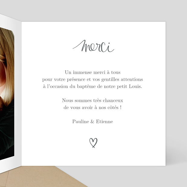 Carte de remerciement baptême Jolie typo Intérieur Droit