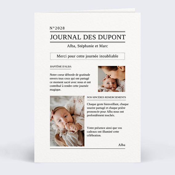 Carte remerciement baptême Gazette Originale Recto