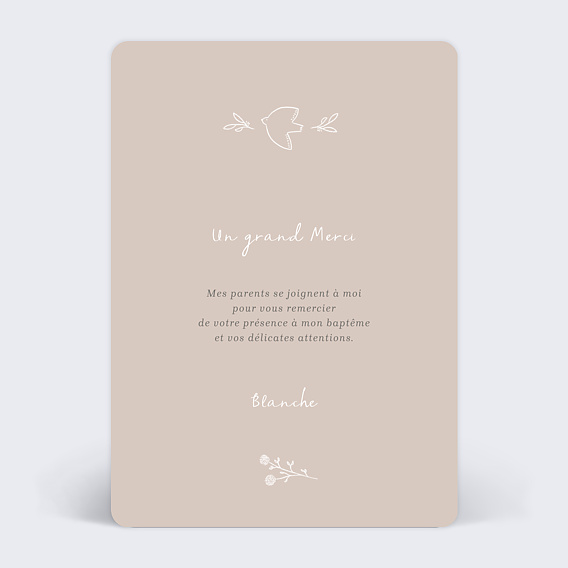Carte remerciement baptême Colombe au Crayon Verso
