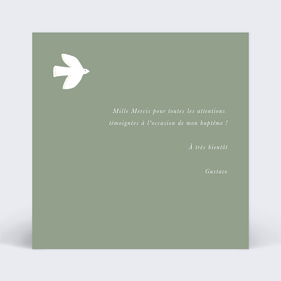 Carte remerciement baptême Colombe Photo Verso