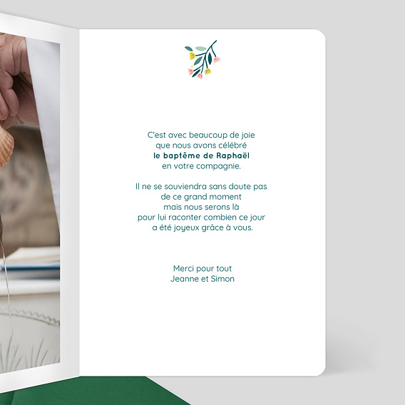 Carte remerciement baptême Floral Atmosphère Intérieur Droit