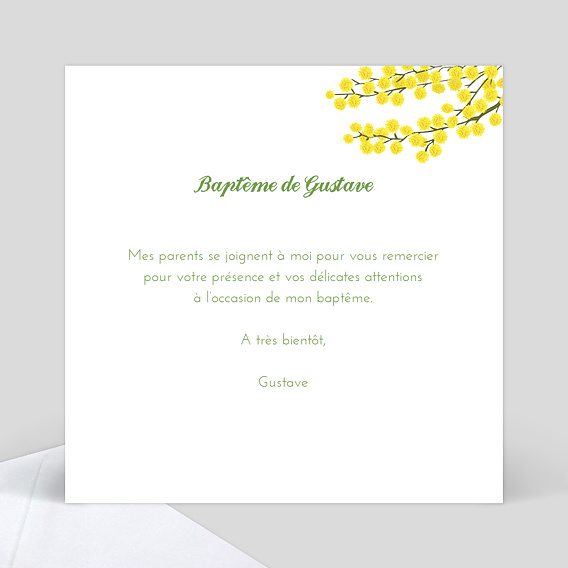 Carte remerciement baptême Mimosa Verso