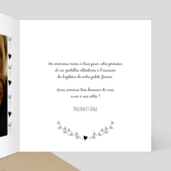 Carte remerciement baptême Coeur bucolique Intérieur Droit