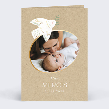 Carte remerciement baptme Colombe Kraft