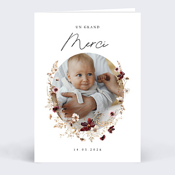 Carte remerciement baptme Couronne de Fleurs Sauvages