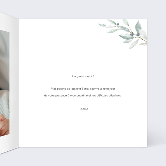 Carte remerciement baptême Petite Croix Intérieur Droit
