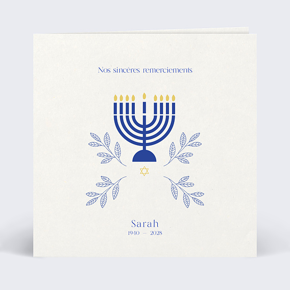 Carte remerciement décès Juif Menorah