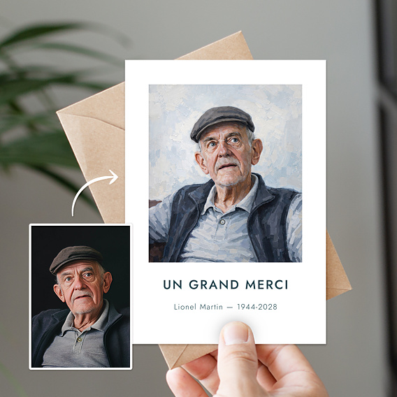 Carte remerciement décès Portrait à l'huile