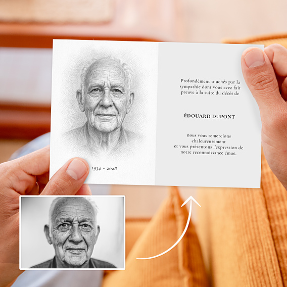 Carte remerciement décès Portrait au crayon de papier