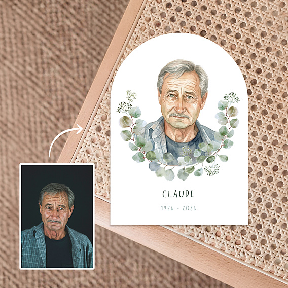 Remerciements Décès Portrait en aquarelle avec couronne eucalyptus
