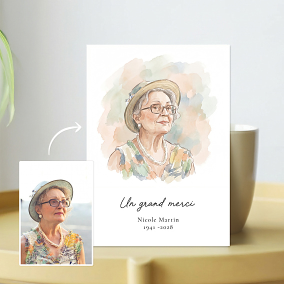 Carte remerciement décès Portrait en aquarelle