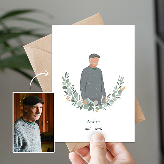 Carte remerciement décès Portrait minimaliste avec couronne eucalyptus