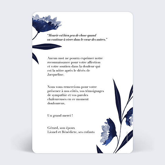 Carte remerciement décès Fleurs Bleues Aquarelle Verso