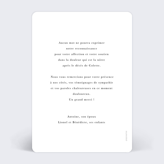 Carte remerciement décès Fleurs et Colombes Verso