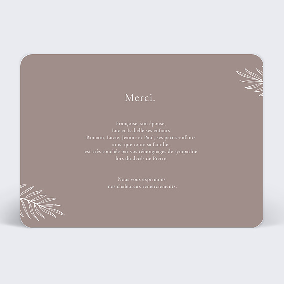 Carte remerciement décès Gravure Végétale Verso