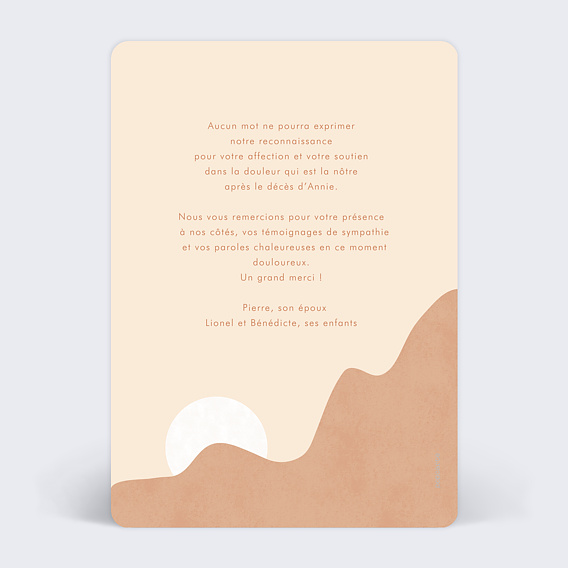 Carte remerciement décès Montagne Blanche Verso