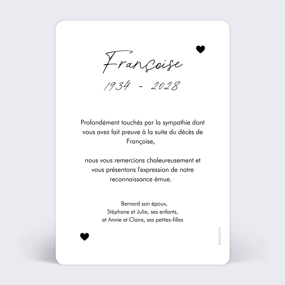 Carte remerciement décès Photo Coeur Verso