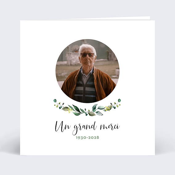 Carte remerciement décès Couronne Eucalyptus Recto