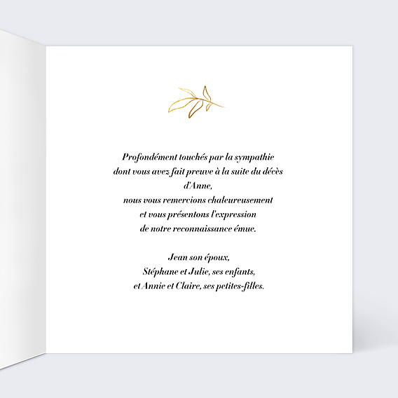 Carte remerciement décès Feuillage Ocre Intérieur Droit