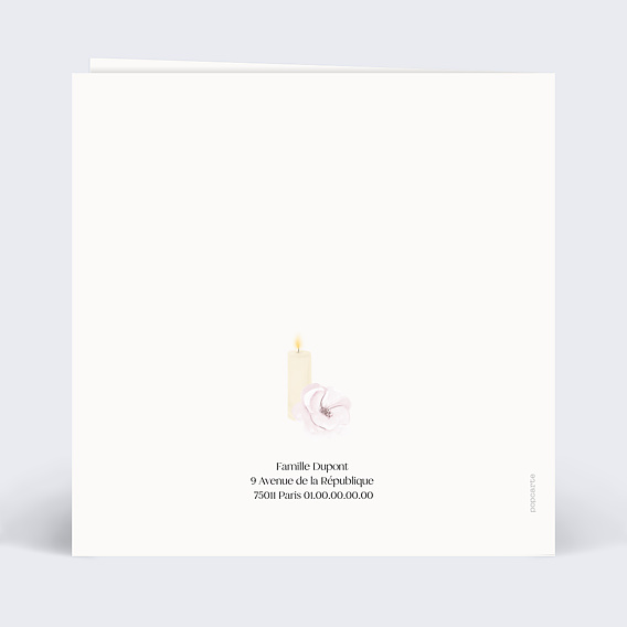 Carte remerciement décès Bougie et fleurs Verso