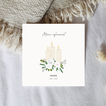 Carte remerciement dcs Bougie et fleurs